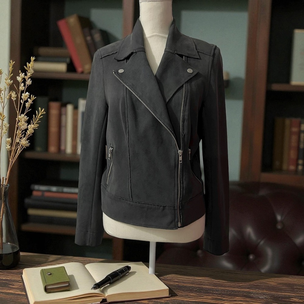 LEVEL 99‎  Gray Faux Suede Moto Jacket Asymmetrical Zip Size M